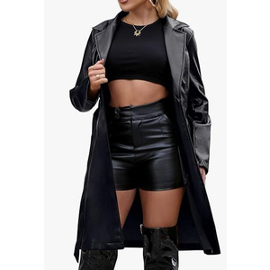 Leather Jacket Women Trench Coat Long Loose Button Jacket Open Front Motorcycle Coat with Belt Black For Women M 38