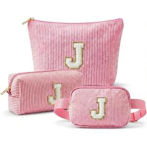 Personalized Initial Makeup Bag Set, 3pcs Monogram Makeup Bag with Large & Small Pouch and Waist Bag, Initial Makeup Bag Organizer for Travel, Luggage, Daily Use and Cute Gifts (J)