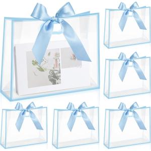 Aliceset 12 Pcs Thanksgiving Clear Plastic Gift Bags with Die Cut Handles Reusable Fall Gift Wrapping Bag with Ribbon for Christmas Wedding Bridal Shower Baby Shower, 12 x 10 x 5''(Blue)