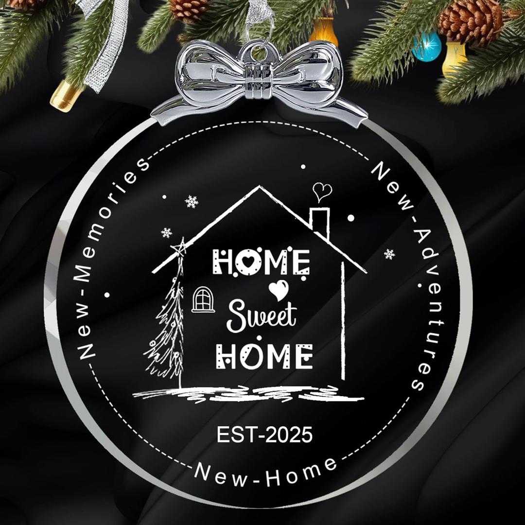 2 x House Warming Gifts New Home Ornament 2025, First Christmas in New Home Ornament Crystal Glass, Housewarming Gift Presents for Women, Couple, New House Gift Ideas with Glow in The Dark Printing-02