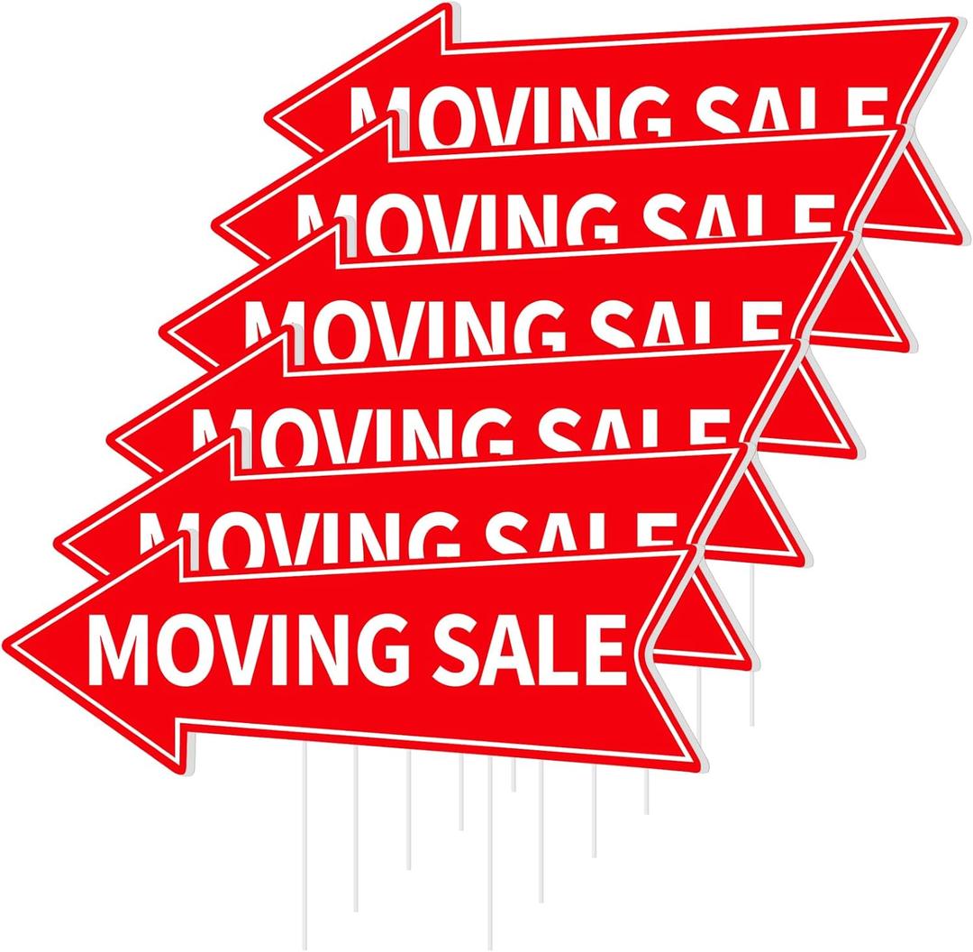 6PCS Moving Sale Signs with Stakes Double Sided Red Moving Sale Directional Arrow Yard Signs 16 x 5'' Corrugated Plastic Waterproof Sign for Garage House Business Personal Use Transaction Event Signs