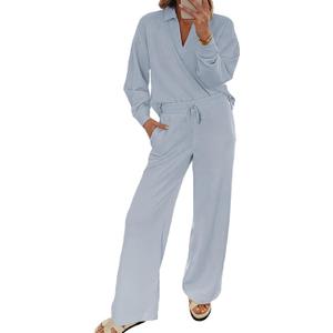 EVALESS Two Piece Sets for Women Lounge Sets Casual V Neck Sweatshirt and Wide Leg Sweatpants Matching Sets Women Clothing (Blue, L)
