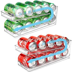 2 Pack Rolling Soda Can Organizer for Refrigerator Can Dispenser for Fridge Beer Soda Seltzer Pop Can Soda Organizer for Fridge 10 Standard Size 11.15oz 12oz 330ML 355ML Cans Holder Storage