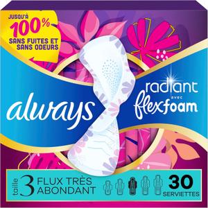 Always Radiant Feminine Pads for Women, Flexfoam Pads with Wings, Size 3, Extra Heavy Absorbency, Lightly Scented, 30 Count