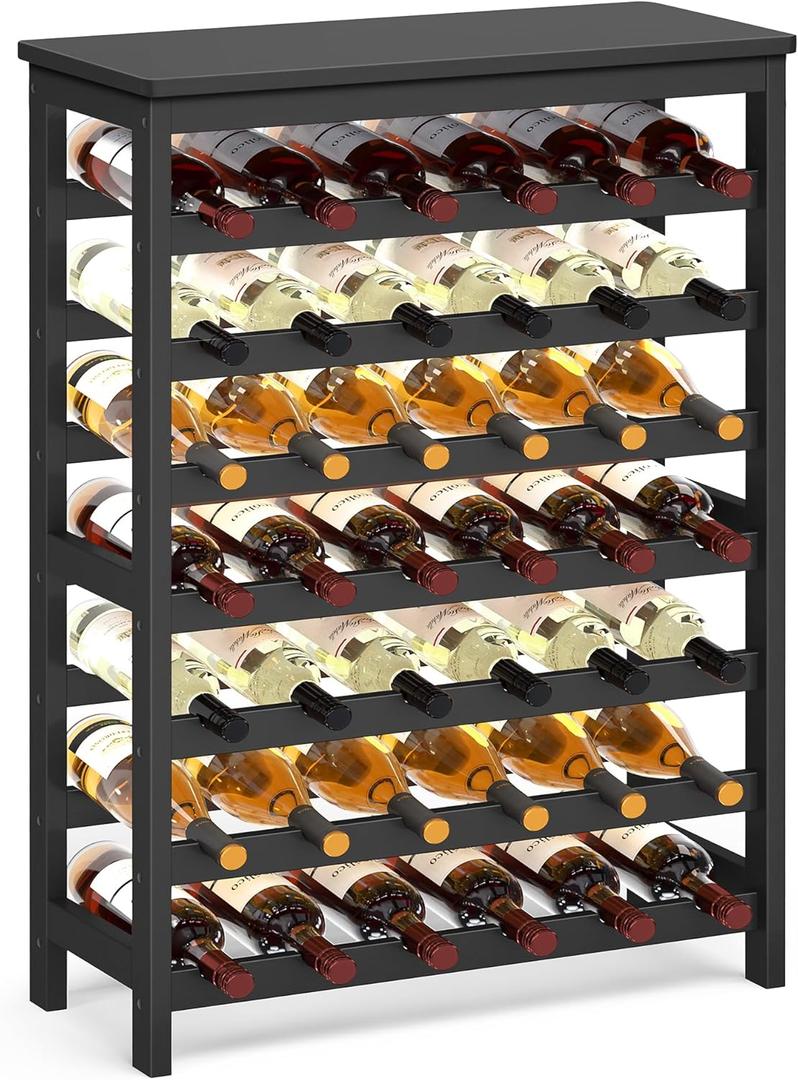 SONGMICS 42-Bottle Wine Rack Free Standing Floor, 7-Tier Display Wine Storage Shelves with Table Top, Bamboo Wobble-Free Bottle Holder for Kitchen Bar Dining Room Living Room, Ink Black UKWR027B16