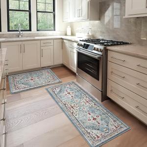 Collive Boho Kitchen Rugs and Mats 2PCS Cushioned Anti-Fatigue Floor Mat, Waterproof Kitchen Rug Set of 2 Non-Skid Comfort Standing Mat for Kitchen,Home,Office,Sink,Laundry,17"x30"+17"x59" (Aqua)