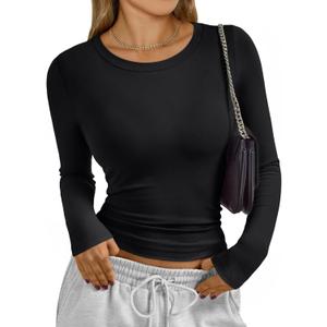 Trendy Queen Womens Long Sleeve T-Shirts Basic Crop Tops 2026 Spring Fashion Outfits Going Out Winter Clothes (X-Small, Black)