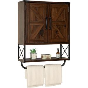 RUSTOWN Farmhouse Medicine Cabinet with 2 Barn Door,Wood Wall Mounted Storage Cabinet with Adjustable Shelf and Towel Bar, 3-Tier Bathroom Cabinet for Bathroom, Living Room(Dark Walnut, Medium)
