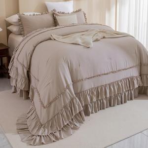 Masaca Oversized King Comforter 120x120,3 Pieces Farmhouse Ruffle Bedding Comforter Set,Taupe Shabby Boho Chic Cal King Comforter Oversized,Lightweight Rustic Bedding Set Ultra Soft