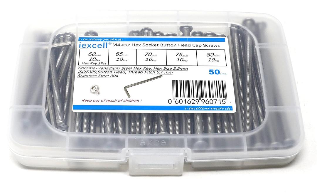 iexcell 50 Pcs M4 x 60/65/70/75/80 Stainless Steel 304 Hex Socket Button Head Cap Screws Bolts Assortment Kit