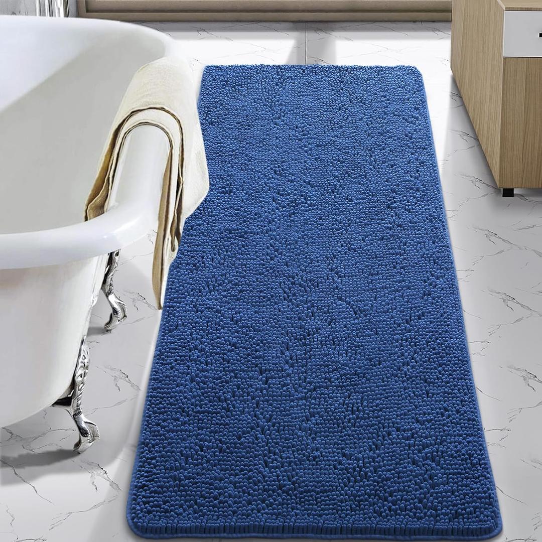 LOCHAS Luxury Bathroom Rug Shaggy Bath Mat 24 x 48 Inch, Washable Non Slip Bath Rugs for Bathroom Shower, Soft Plush Chenille Absorbent Carpets Mats, Blue
