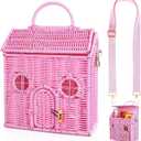 Handmade Rattan Doll House Rattan House Shape Shoulder Bag Wicker Basket with Lid Mouse in a Box Storage BasketDecorative Hand Woven Shelf Organizer Woven Handcrafted Artwork Gift (Pink)