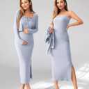 SUNNYBUY Baby Shower Maternity Tube Dress Short Cardigan Bodycon Ribbed Maxi Dress Casual 2 Piece Pregnancy Outfit Set M