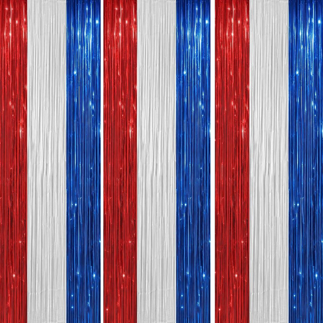 DECOCKRAT 3 Pack Foil Fringe Backdrop - Red&White&Blue Shiny Tinsel Curtains for Party Decoration/Photo Booth Props - 3.3x8.2 FT Metallic Foil Backdrop for Birthday, Wedding, Graduation, Christmas.