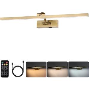 Wireless Picture Lights for Wall Battery Operated, Brass Art Lighting for Paintings Rechargeable Gallery lights with Remote and Timer 3CCT Dimmable Painting Lights for Artwork Portrait 23.6 inch