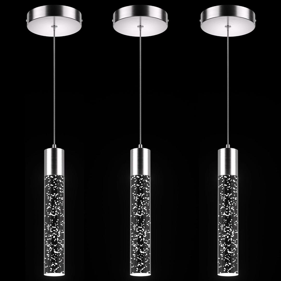 Pendant Lights Kitchen Island, 6500K Modern Kitchen Island Lights Brushed Nickel, 3 Pack Ceiling Lighting Fixtures with Crystal Bubble, Integrated LED Hanging Light for Dining Room Restaurant
