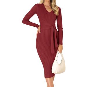 ZESICA Women's 2026 Spring Sweater Dress V Neck Long Sleeve Ribbed Knit Tie Waist Bodycon Slim Fit Midi Dresses, L