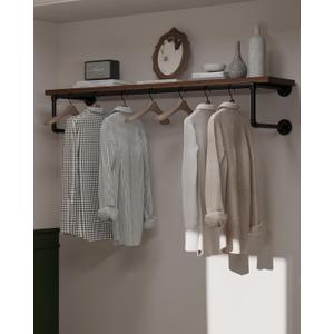 Clothes Rack 48in, Wall Mounted Garment Racks with Real Walnut Wood Shelf, Heavy Duty Hanging Clothes Rack, Multi-Purpose Hanging Rod, Space-Saving Closet Storage