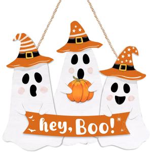 Halloween Decorations Ghost Door Sign, Cute Ghost Hey Boo Hanging Sign Wooden Welcome Wreath Front Door Hanger for Wall Indoor Home Decor, White 