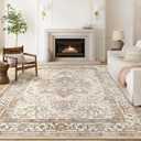 Washable Rug 8x10 Area Rugs: Boho Vintage Distressed Oriental Medallion Neutral Thin Large Rug Carpet for Living Room Bedroom Dining Room Home Office Decor - Beige
