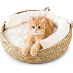 Briwooody 18" Extra Large Wicker Cat Bed with Cushion & Cooling Mat, Natural Woven Cat Basket Straw & Cattail Leaf Handmade Boho Pet House Breathable Summer Kitten Nest for Cats Small Dogs