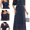 BeryLove Sequin Formal Cocktail Long Dress Evening Wedding Guest Mother of The Bride Dresses with Shawl (Small, Navy)