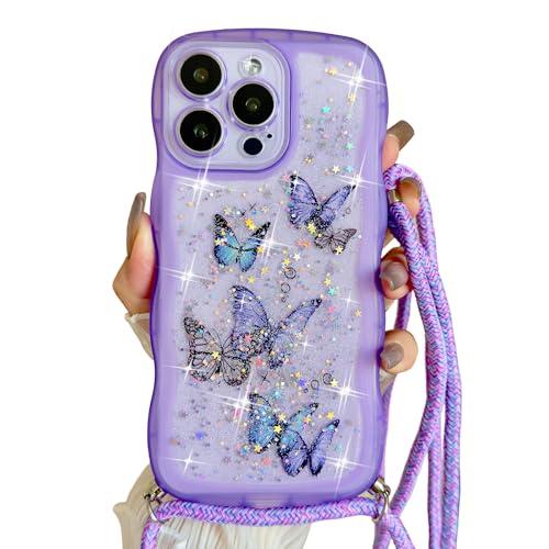 Yzniyzce Crossbody Case for iPhone 16 Pro with Detachable Lanyard, Hands-Free Bling Glitter Silicone Clear Cute Butterfly Curly Wave Woman Girls Cover with Adjustable Necklace Rope, Purple