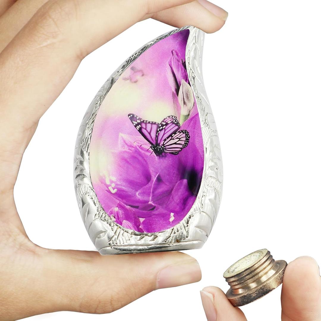 M MEILINXU Mini Urn for Ashes for Women or Man, Small Urns for Human Ashes Keepsake, Tear Drop Decorative, Purple Flowers and Butterfly Urn, Brass Cremation Container, Teardrop - Small Keepsake