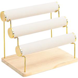 Bracelet Holder, Bracelet Displays for Vendors, 3 Tier Jewelry Organizer Stand for Selling, Jewelry Necklaces Storage Rack with Wood Base (Beige+Gold)