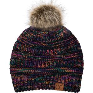 C.C Fur Pom Winter Fall Trendy Chunky Stretchy Cable Knit Beanie Hat (One Size, Black Multi(32) Mix (With Pom))