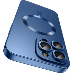 Magnetic for iPhone 16 Pro Max Case [Compatible with MagSafe][Built-in Camera Lens Protector] Slim Soft Silicone Bumper Shockproof Metallic Luster Phone Case (Blue)