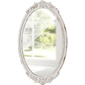 Antique Arendahl Glam Ornate Oval Mirror 24" X 14", Hanging Distressed White Vintage Mirrors for Wall Decor Living Room, Wood Mirrors for Bathroom Entryway, Horizontal or Vertical (White, 13.8" X 23.6")