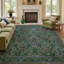 Area Rug 7x9 Living Room Rugs, Washable Vintage Floral Large Soft Non Slip Thin Rug Low Pile Green Area Rug for Bedroom Dining Room Kids Playroom Office Decor Indoor, Dark Green
