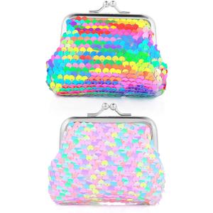2 Pieces Coin Purse Kids Purse Girls Handbags Double Sided Sequin Mini Wallet Kiss Lock Coin Purse for Party Christmas Birthday Valentine's Day Gifts