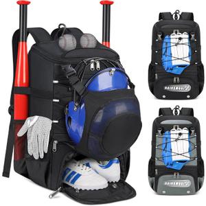 RAINSMORE Baseball Bag for Youth & Adult Lightweight Softball Bat Bag with Shoe Compartment, External Helmet Holder and Fence Hook Waterproof Baseball Backpack Hold T-Ball, Bat and Softball Equipment (Black)