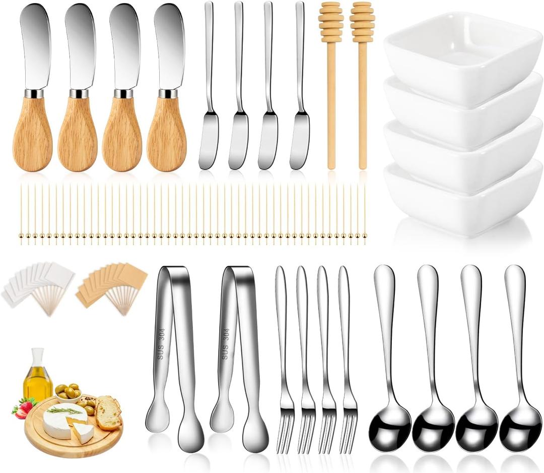 Charcuterie Board Accessories With 3 Oz Ceramic Dip Bowls, Wooden Handle Silver Cheese Spreader Butter Knive Set Kit, Mini Tongs, Spoons, Forks,Honey Dipper, Cocktail Picks