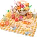 Pithfor Picnic Playset, Wooden Play Food Set for Kids Kitchen, Cutting Pretend Play Kitchen Food Toy for Toddlers Girls Boys 3 4 5 Years Old