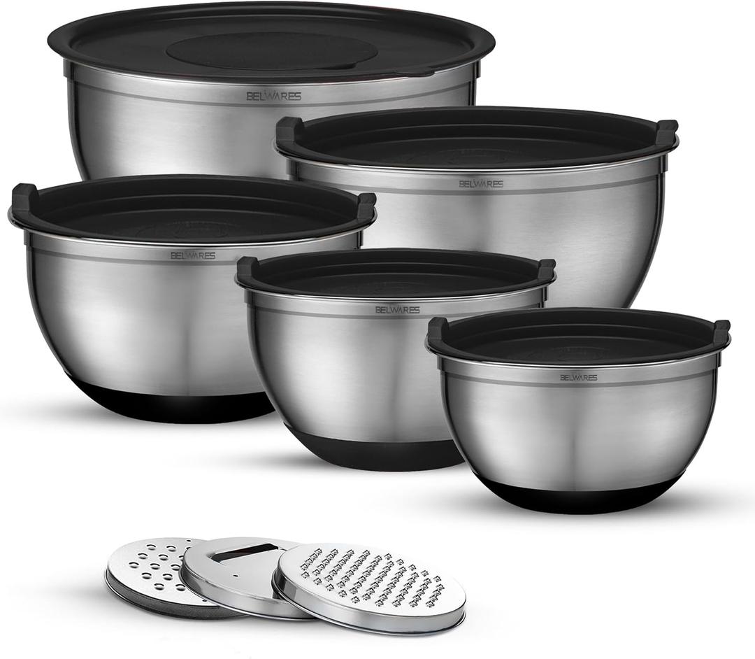 Belwares Mixing Bowls with Airtight Lids - 8PCS Stainless Steel Nesting Mixing Bowls Set Non-Slip with 3 Grater Attachments, Kitchen Bowls, Sizes 5, 4, 3.5, 2, 1.5QT for Baking & Food Prep (Black)