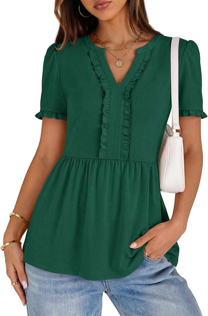 MEROKEETY Women's Summer Peplum Tunic Blouse 2026 Babydoll Tops Ruffle Short Sleeve V Neck Casual Loose T Shirts (Green, S)