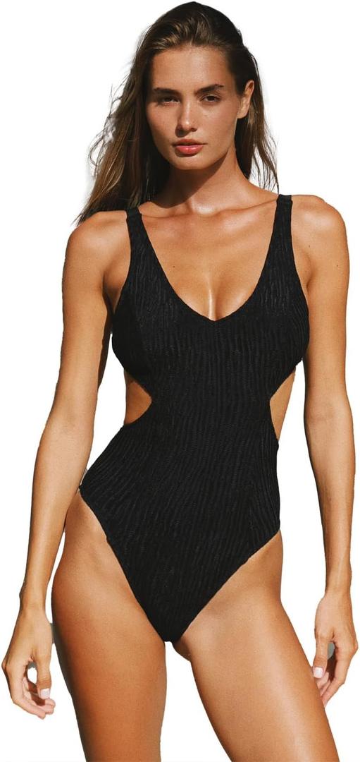 Womens Sexy One Piece Bathing Suits Tummy Control Scoop Neck Padded Swimsuit Open Back High Cut Slimming Swimwear (Large, Black-cutout Side)