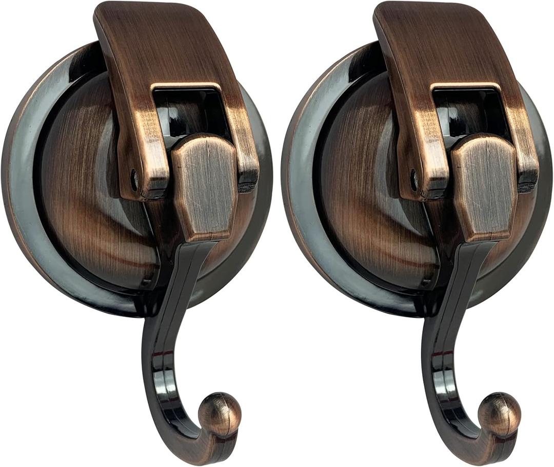Heavy Duty Vacuum Suction Shower Hooks, Glass Suction Cup, for Bathroom Robe and Garland Decoration (2 Pack, Antique Brass)