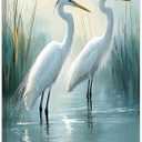 SWQYLB White Heron Wall Decor Egret Wall Art Coastal Bird Canvas Art Prints Heron Bathroom Decor Beach Seashore Picture Framed Home Decor (12" x 18")