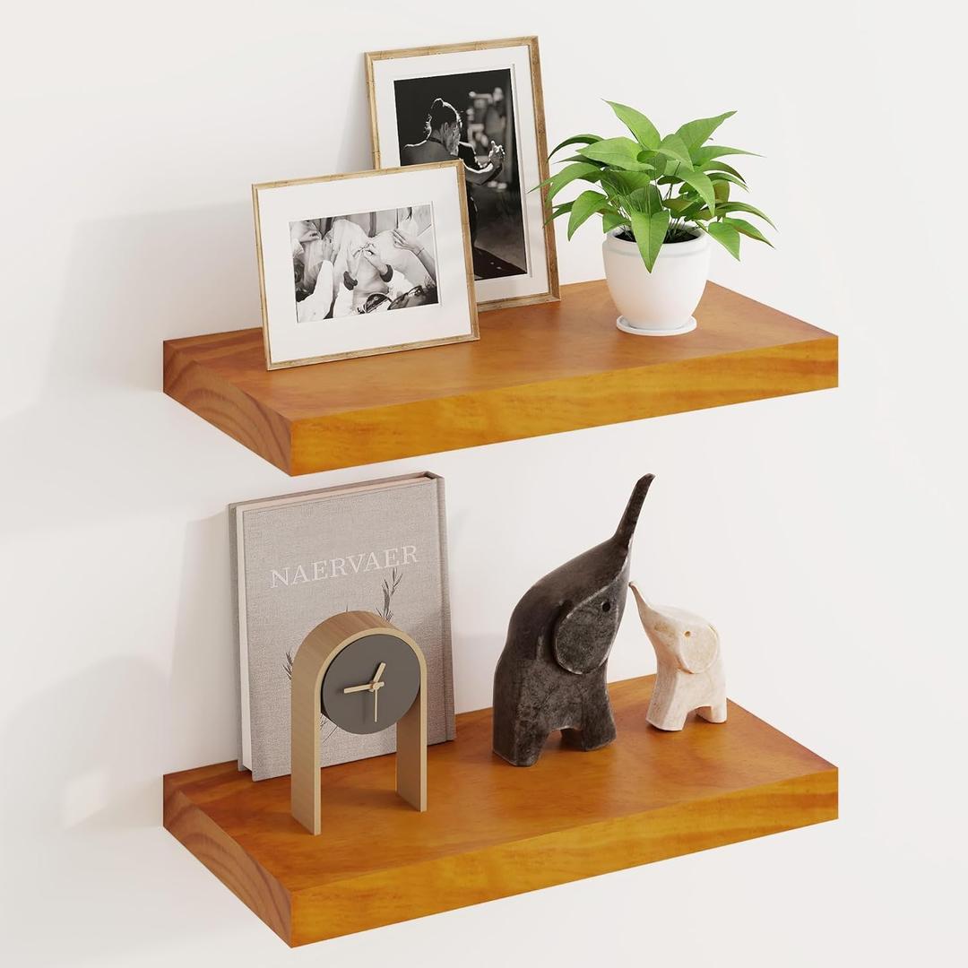 Fun Memories Wood Floating Shelves Set of 2, Rustic Pine Wood Floating Shelves for Wall Mounting, Wide Wall Shelf for Home Decor and Storage, 16" W x 7" D, Honey Oak