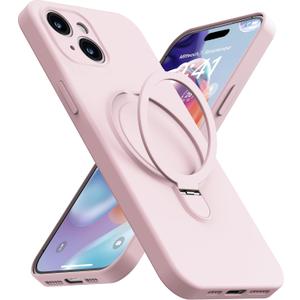 Magnetic Stand for iPhone 14, Liquid Silicone, [Compatible with MagSafe][Built-in Kickstand&Ring Holder] Anti-Scratch Soft Microfiber Lining, Light Pink