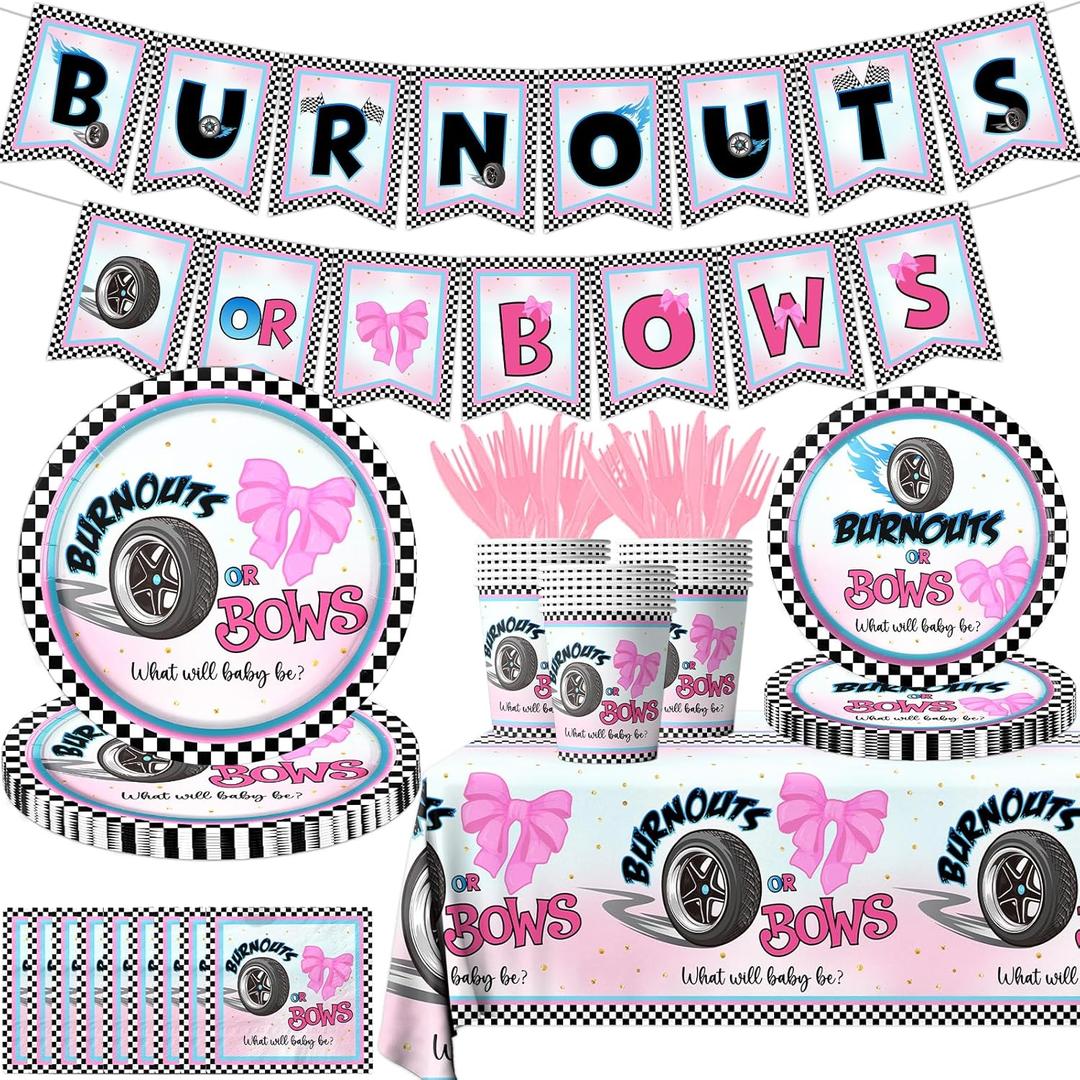 142pcs Burnouts or Bows Plates and Napkins Burnouts or Bows Gender Reveal Decorations Paper Wheels Bows Boys or Girls Tableware for Baby shower Gender Reveal Decorations Kit