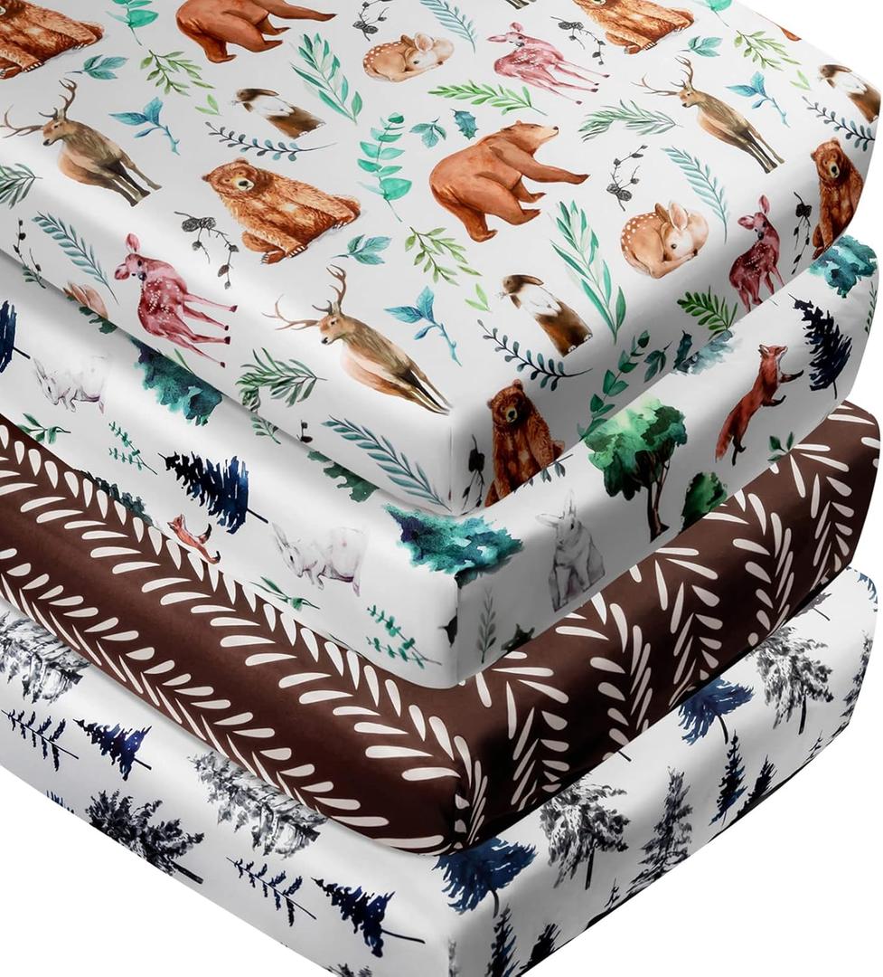 4 Pack Woodland Forest Animals Wood Neutral Unisex Fitted Baby Crib Sheets Set for Baby Boys or Girls (52*28, Bear)