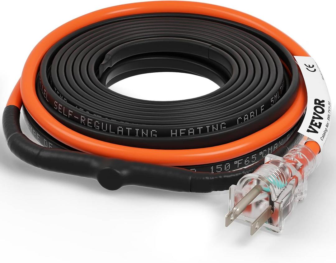 VEVOR Self-Regulating Pipe Heating Cable, 30-feet 5W/ft Heat Tape for Pipes Freeze Protection, Protects PVC Hose, Metal and Plastic Pipe from Freezing, 120V