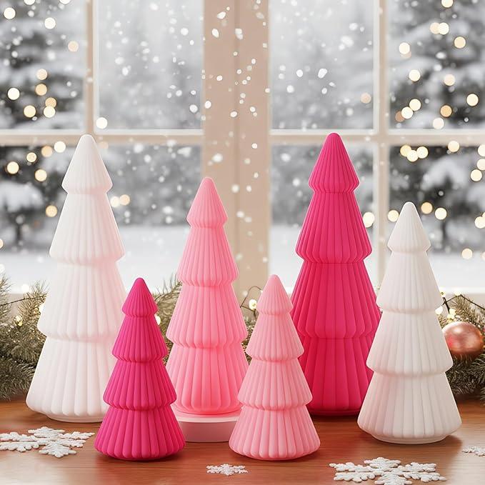 Thyle 5 Piece Pink Christmas Ornaments Velvet Christmas Tree, Cone-Shaped Indoor Xmas Decoration Centerpieces for Table Shelves, Living Room Home, Cabinet Mantel Decorations