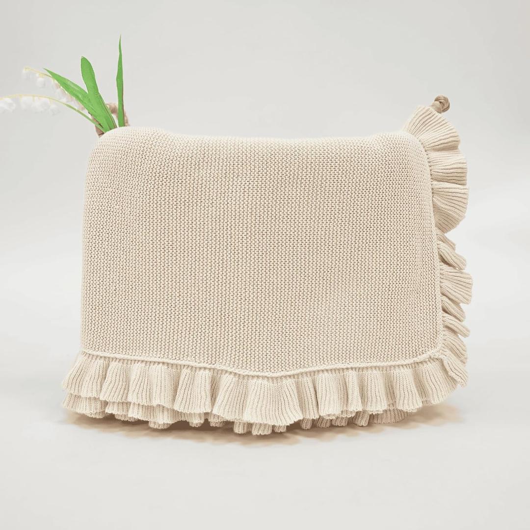 Ruffle Knit Blanket for Baby - 100% Luxury Soft Cotton Knit Warm Cozy Cuddle Stroller Crib Blanket for Newborns, Infants, & Toddlers (Beige)