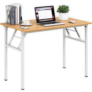 Need Folding Desk for Home Office 39-3/8 inch Length Modern Folding Table Computer Desk No Install Needed Teak Color Desktop White Frame AC5BW(100 * 60)